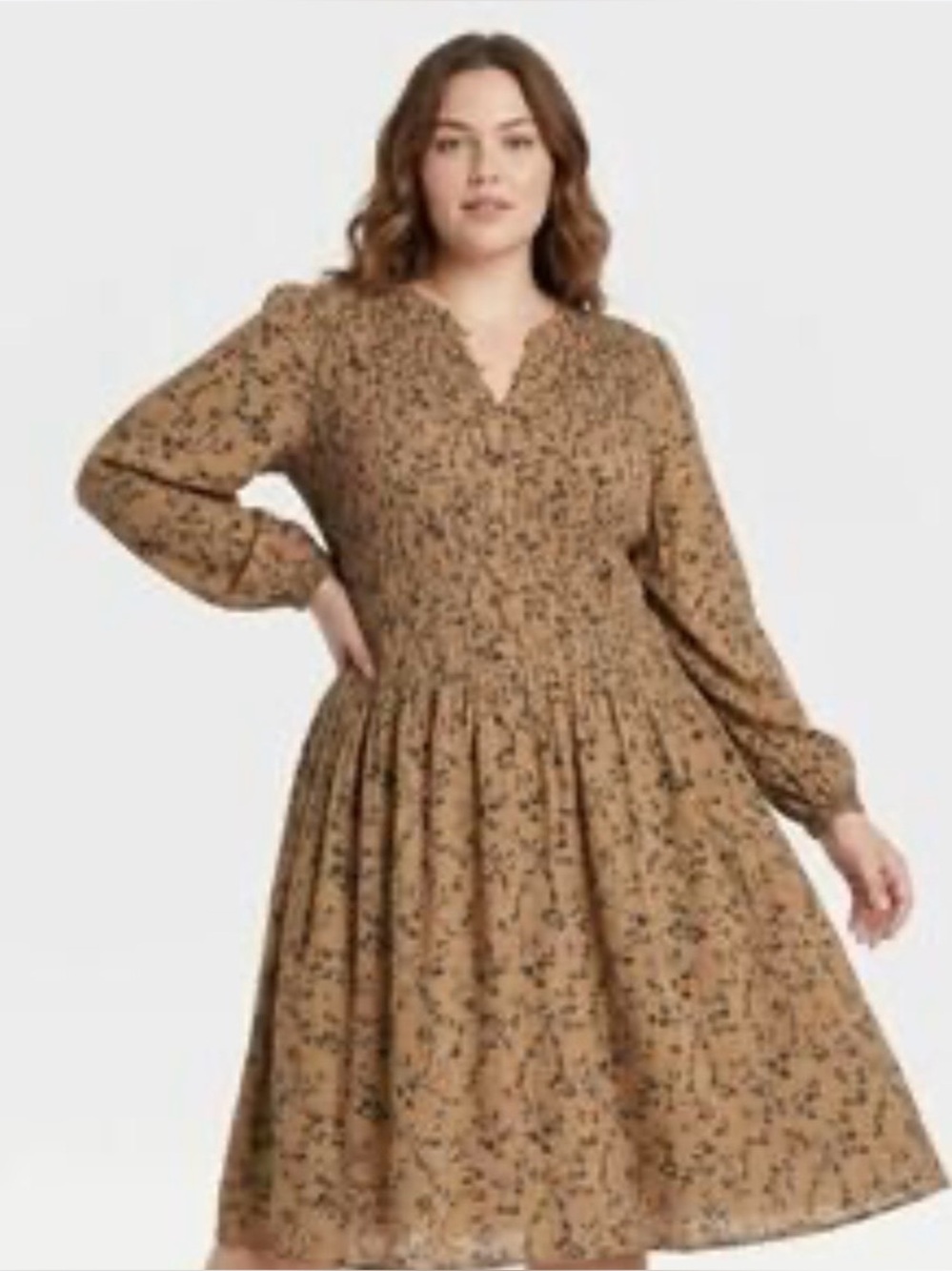 Ava Viv Women’s Brown -Black Floral Print Long-Sleeve Midi Dress
